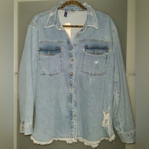 NWT Anthropologie Pilcro Distressed Acid Stone Denim Shirt Jacket Shacket XL